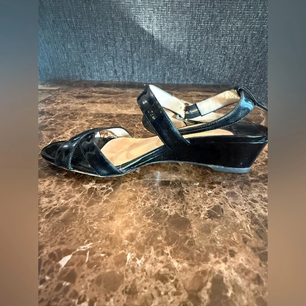 Jimmy Choo. Black Patent Connor Wedge Sandals. Size 37.